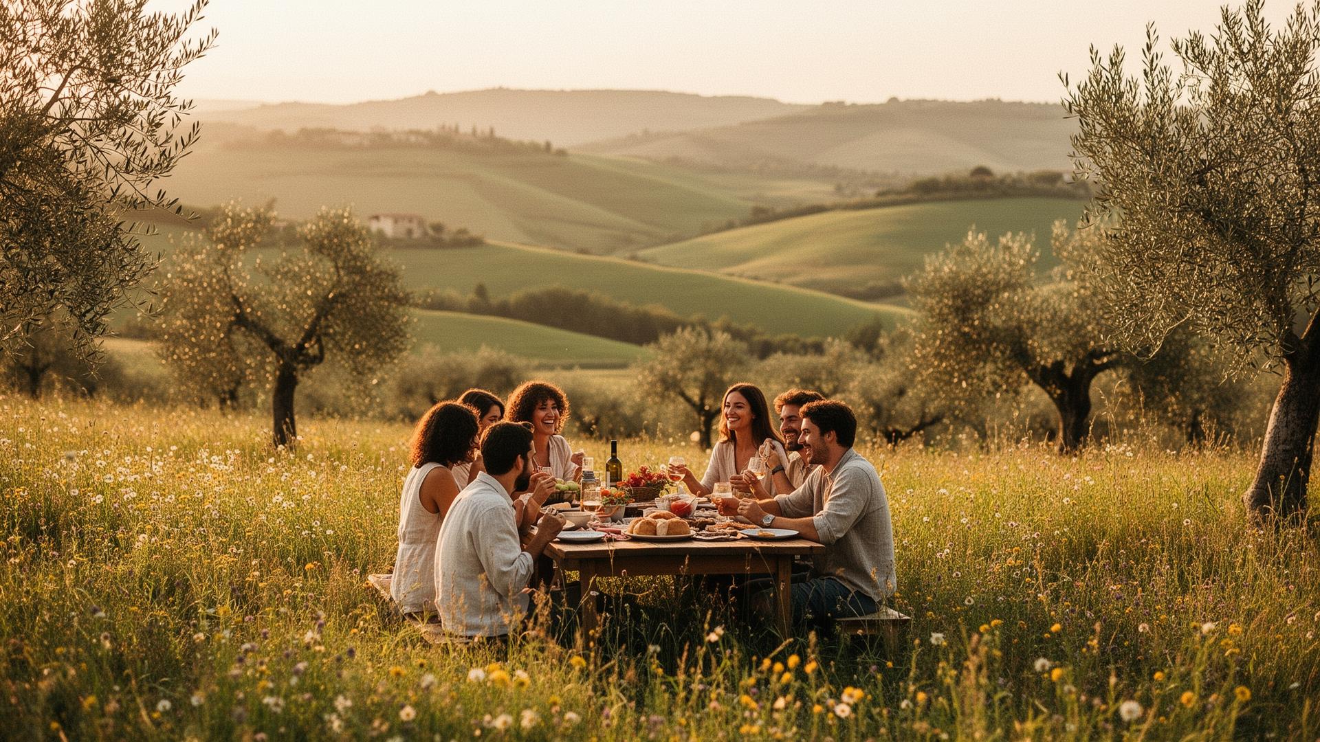 Persone che condividono un picnic al tramonto tra le colline toscane