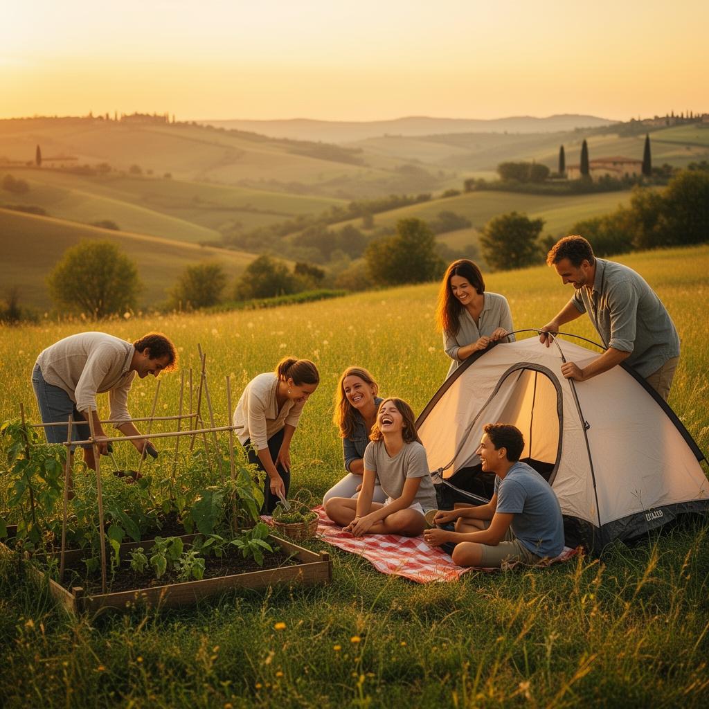 Persone che vivono e condividono un momento in uno spazio naturale al tramonto